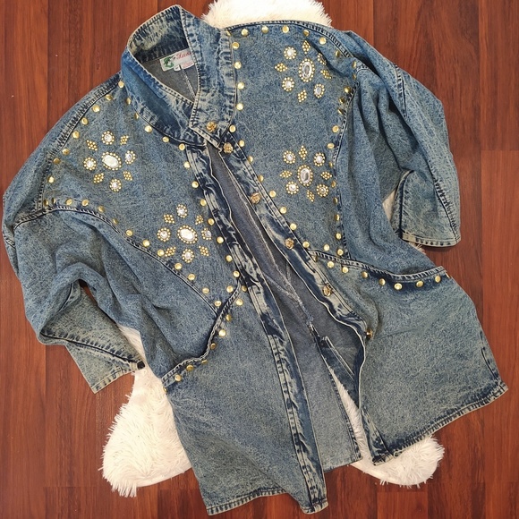 tasty Jackets & Blazers - Vintage Acid Wash Denim Jacket Gold Rhinestones